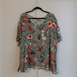Checkered and floral printed blouse